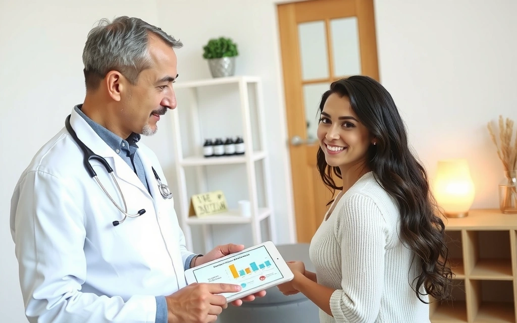 Mujer consultando a un profesional de la salud sobre suplementos, con gráficos de nutrición de fondo.