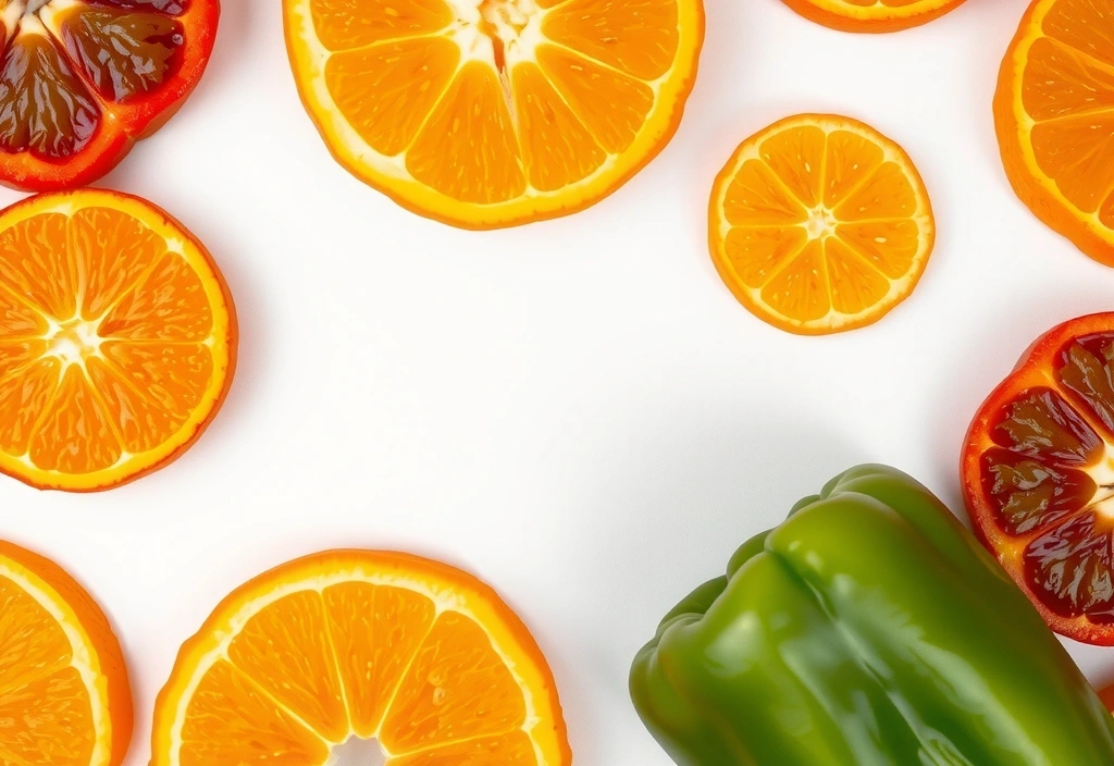 Rodajas de naranja y pimientos de colores vibrantes.