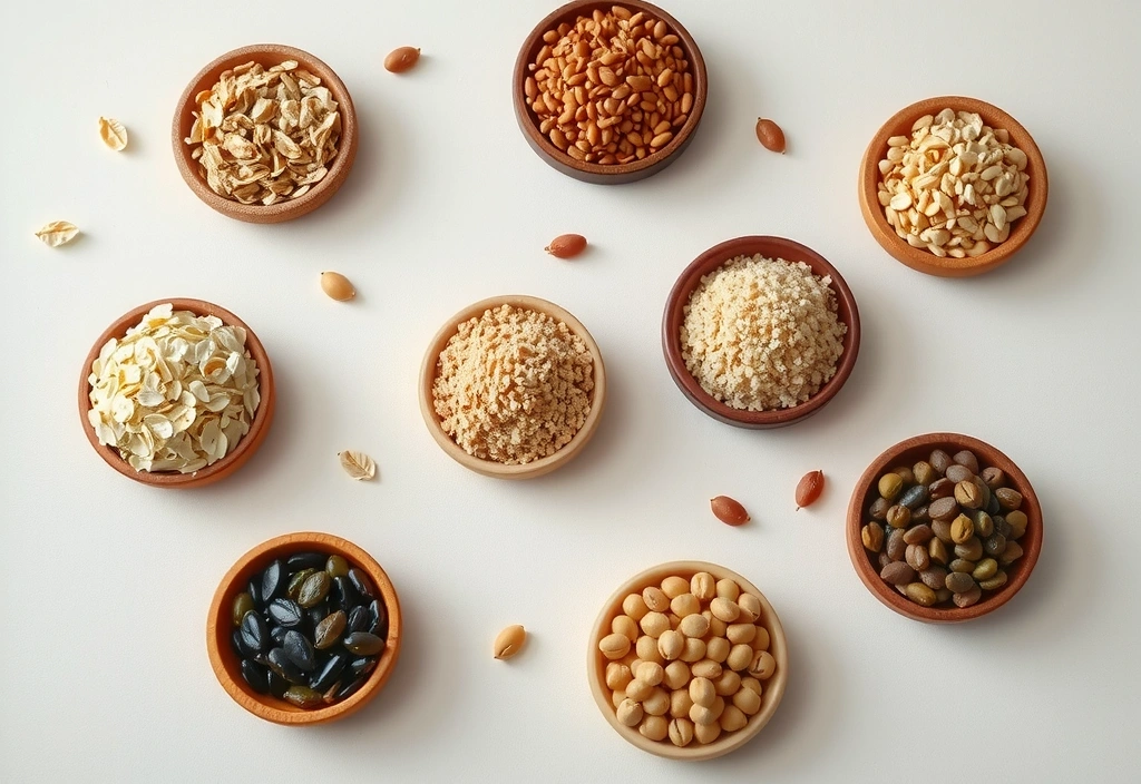 Variedad de granos enteros y legumbres en cuencos de madera.