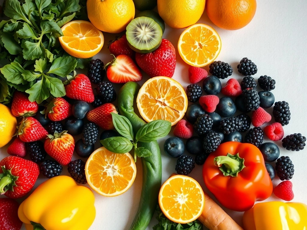 Variedad de frutas y verduras frescas, ricas en vitaminas esenciales.
