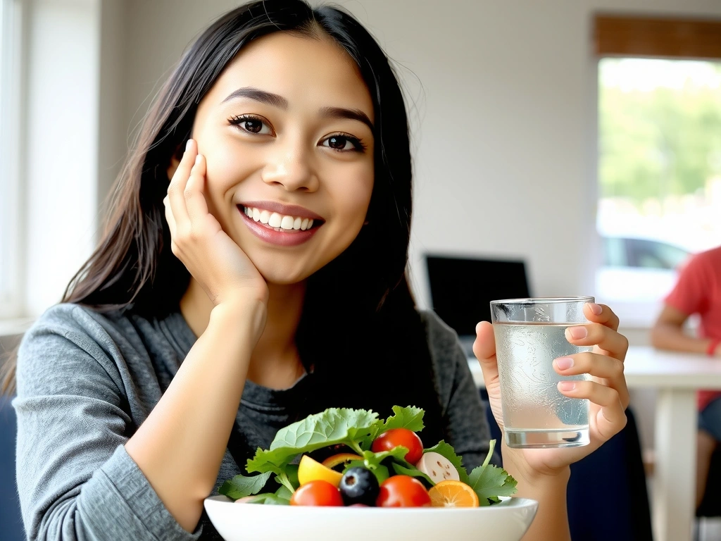 Mujer joven sonriente comiendo una ensalada fresca y colorida, con un vaso de agua al lado, simbolizando una alimentación saludable.